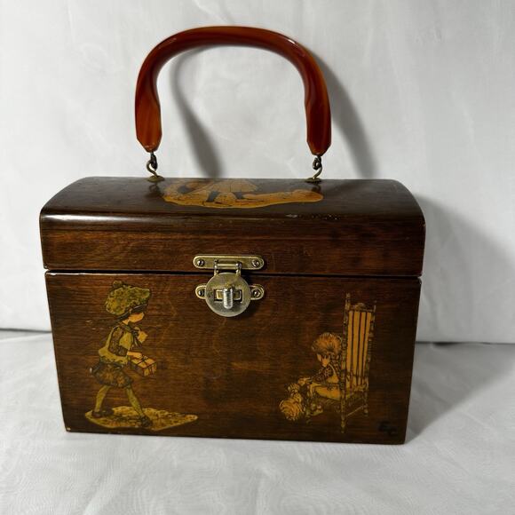 Handmade Handbags - Vintage 60's Purse Wood Box Girl & Cat Handbag Brown Brass Closure Lucite Handle